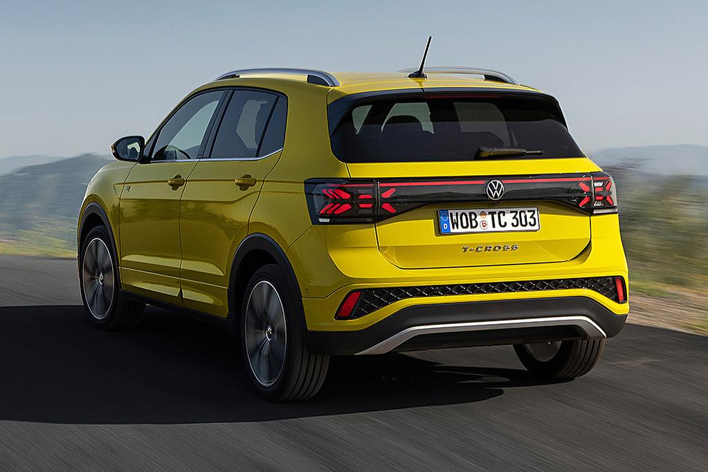 Volkswagen T-Cross yellow rear view driving