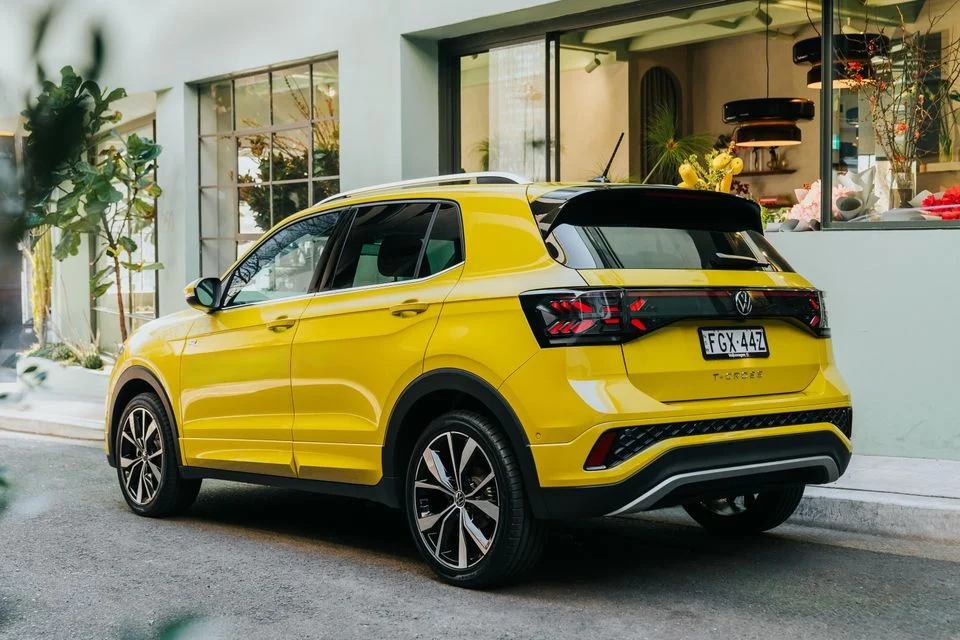 Volkswagen T-Cross yellow R-Line rear three-quarter